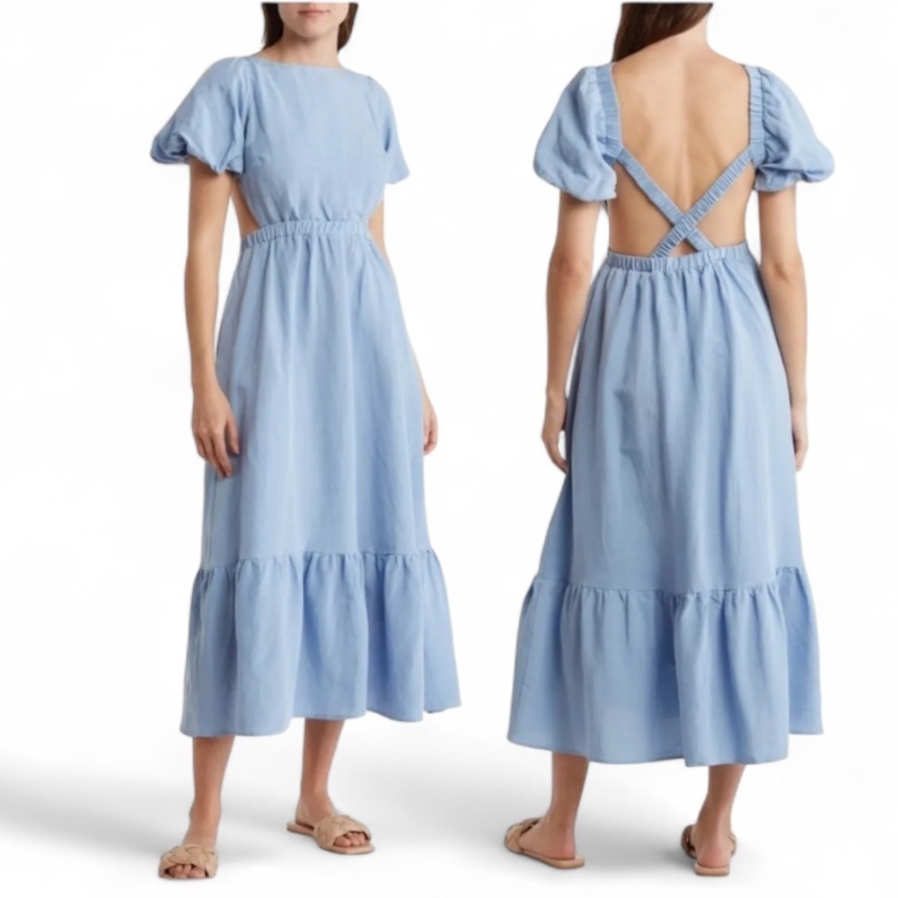 ASTR The Label Jelena Light Blue Backless Dress with Puff Sleeves Maxi Dress